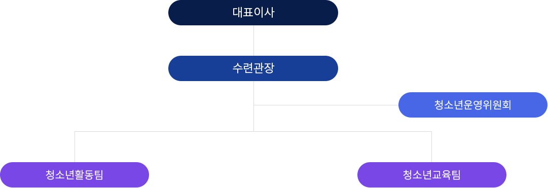 대표이사 - 수련관장 - 청소년운영위원회
 └청소년활동팀
 └청소년교육팀