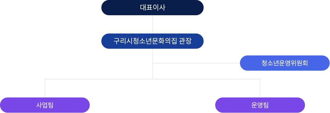 대표이사 - 관장 - 청소년운영위원회
 └사업팀
 └운영팀